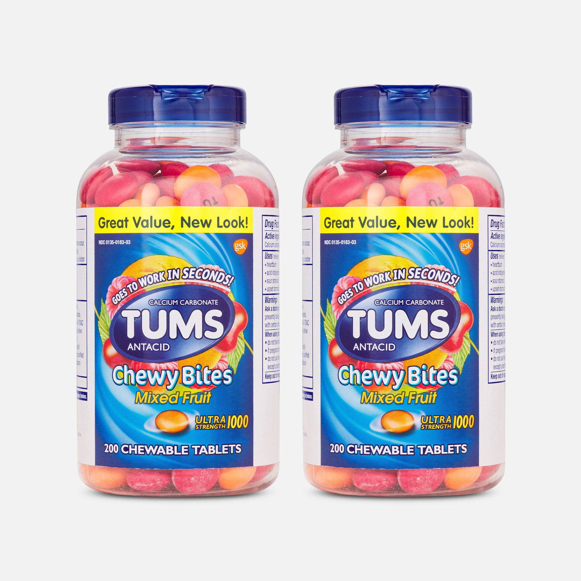 TUMS Chewy Bites Ultra Strength Antacid Chewable Tablets, Mixed Fruit, 200 ct. (2-Pack), , large