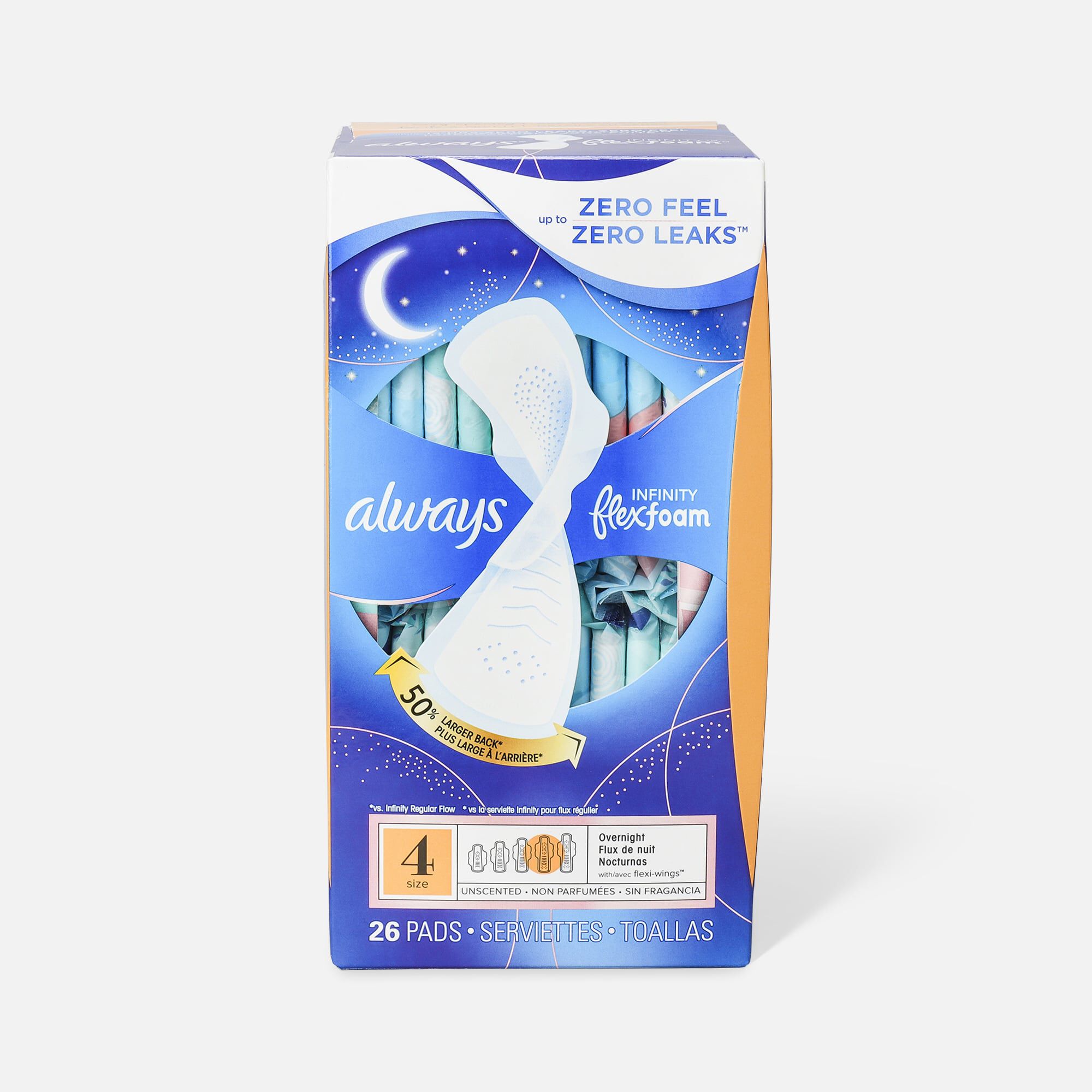Always Infinity FlexFoam Pads for Women Size 4 Overnight Absorbency, with Wings Unscented, 26 ct., , large