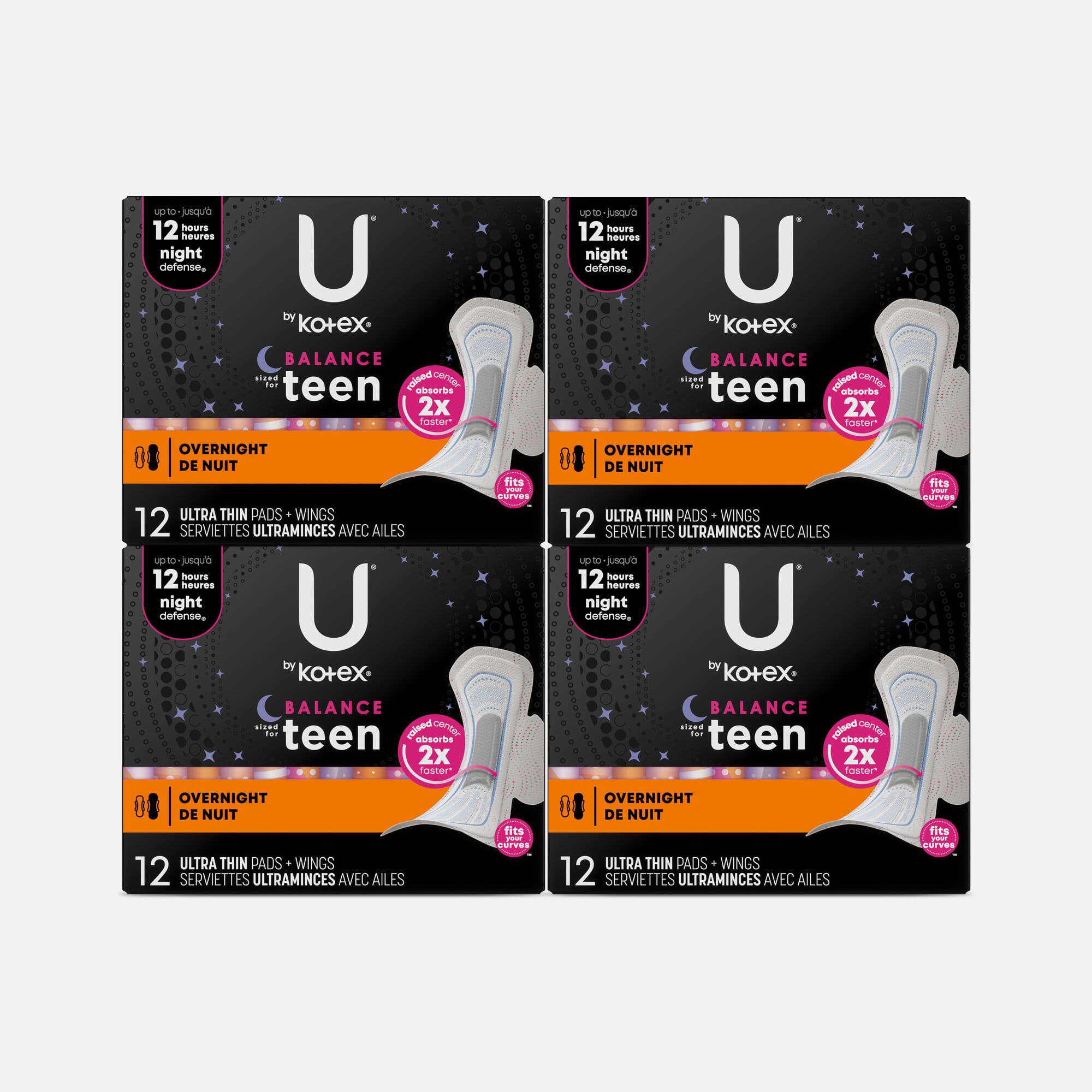 U by Kotex Super Premium Ultra Thin Overnight with Wings Teen Pad, 12 ct. (4-Pack), , large