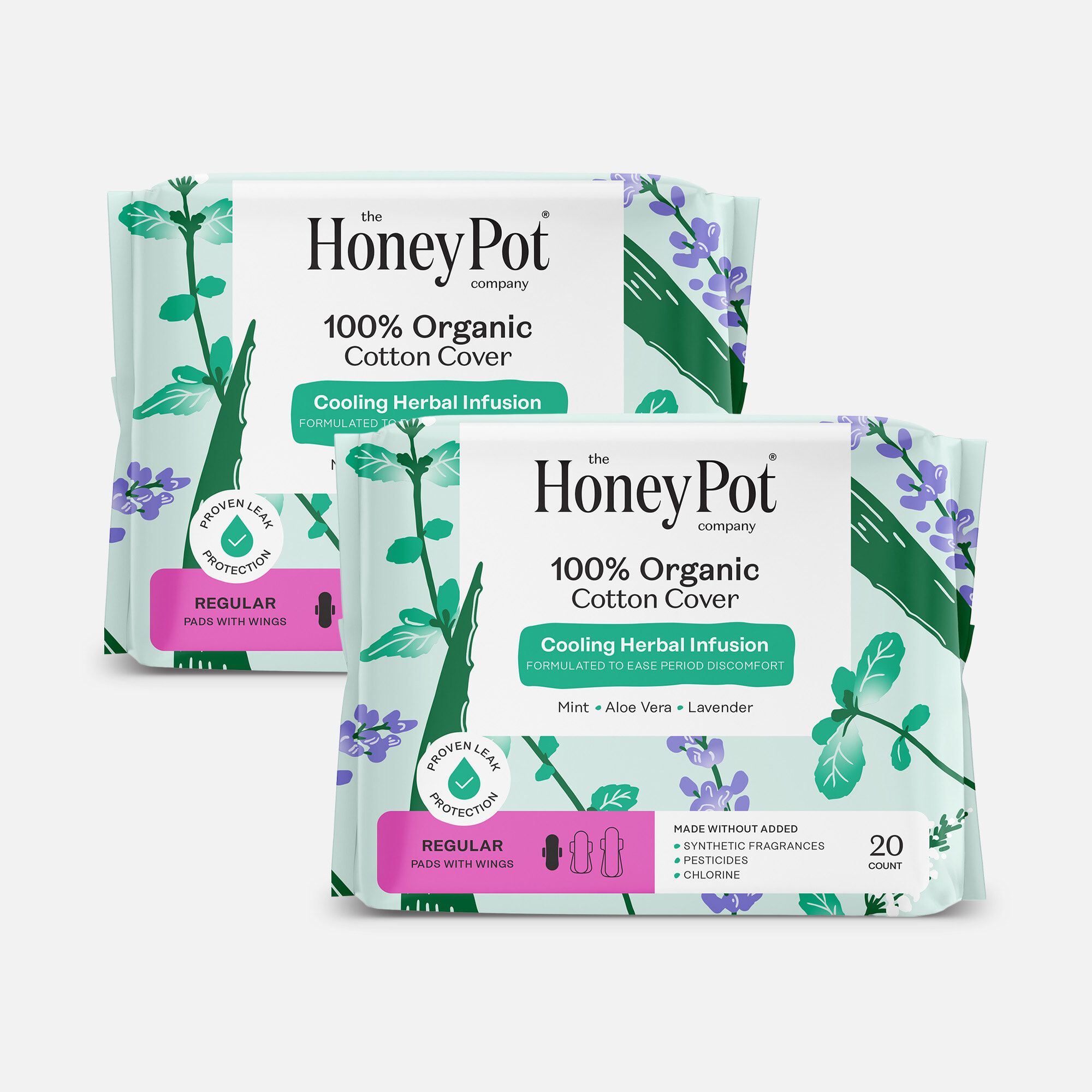 The Honey Pot 100% Organic Cotton Cover Regular Menstrual Pads with Wings, Herbal, 20 ct. (2-Pack), , large