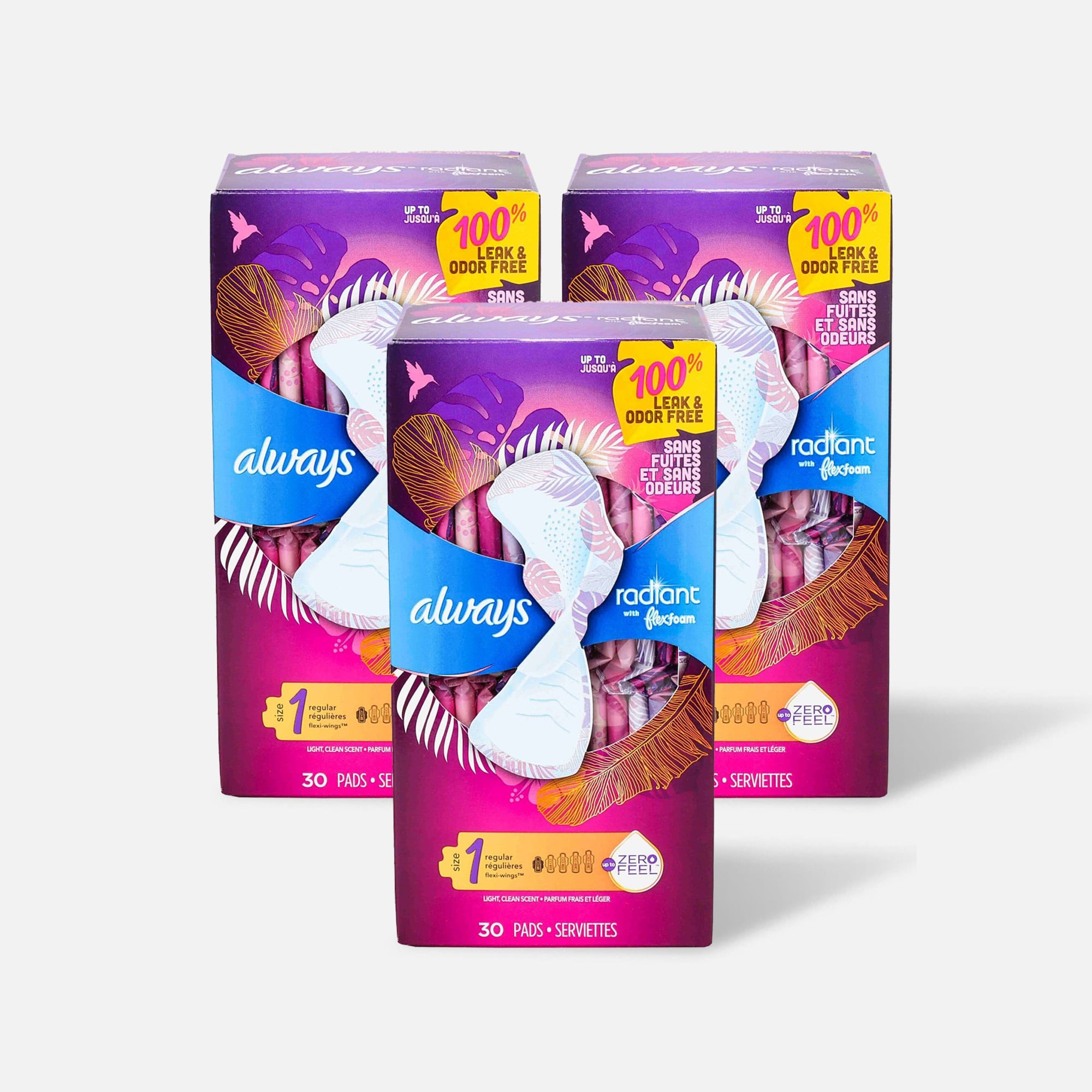 Always Radiant FlexFoam Pads for Women Size 1, Regular Absorbency, with Wings, Scented, 30 ct. (3-Pack), , large