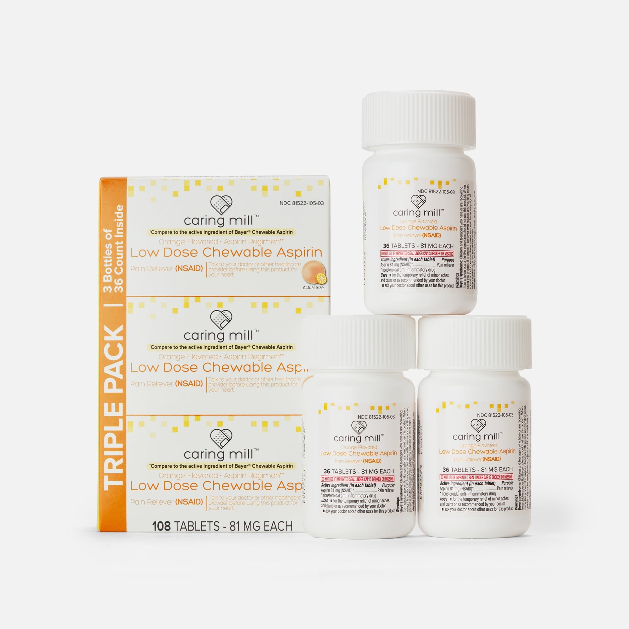 Caring Mill™ Aspirin Chewable Tablets Pain Reliever (NSAID) Low Dose Aspirin, Orange Flavor, 3 pack, 108 ct.