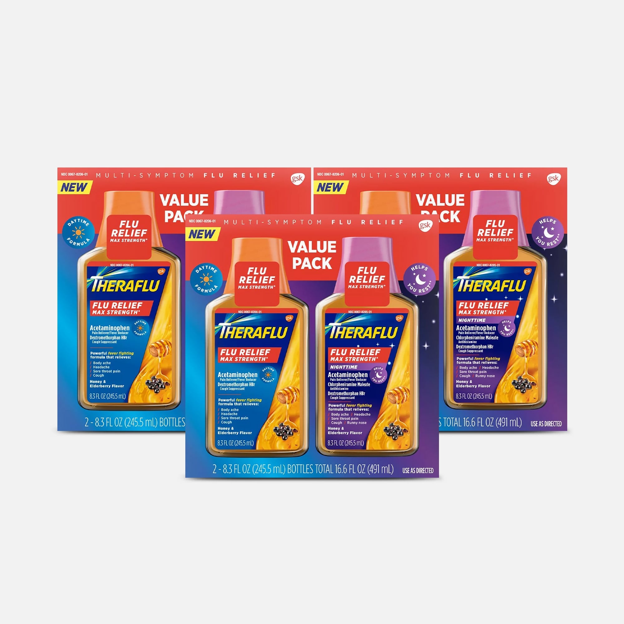 Theraflu Multi-Symptom Flu Relief Max Strength Day & Night Liquid, Honey Elderberry, 16.6 fl oz. (3-Pack), , large