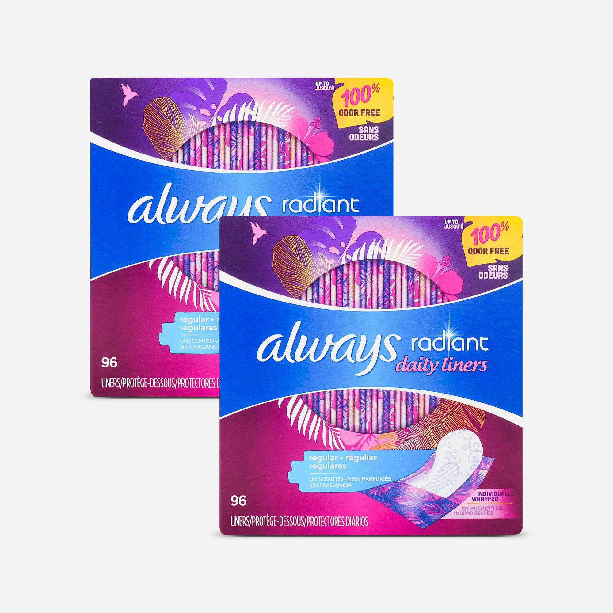 Always Radiant Daily Liners Regular Absorbency Unscented, 96 ct. (2-Pack), , large
