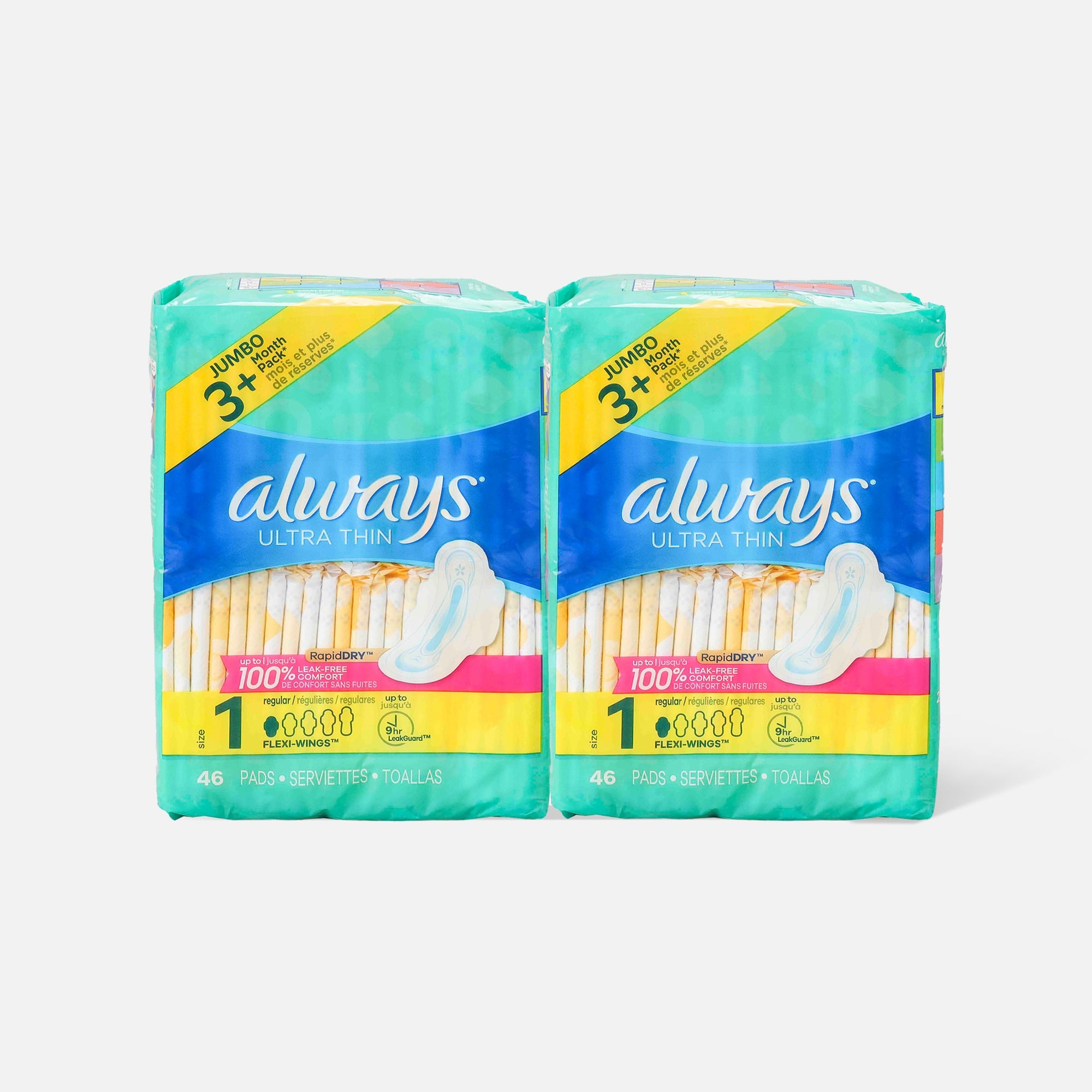 Always Ultra Thin Pads Size 1 Regular Absorbency Unscented with Wings, 46 ct. (2-Pack), , large