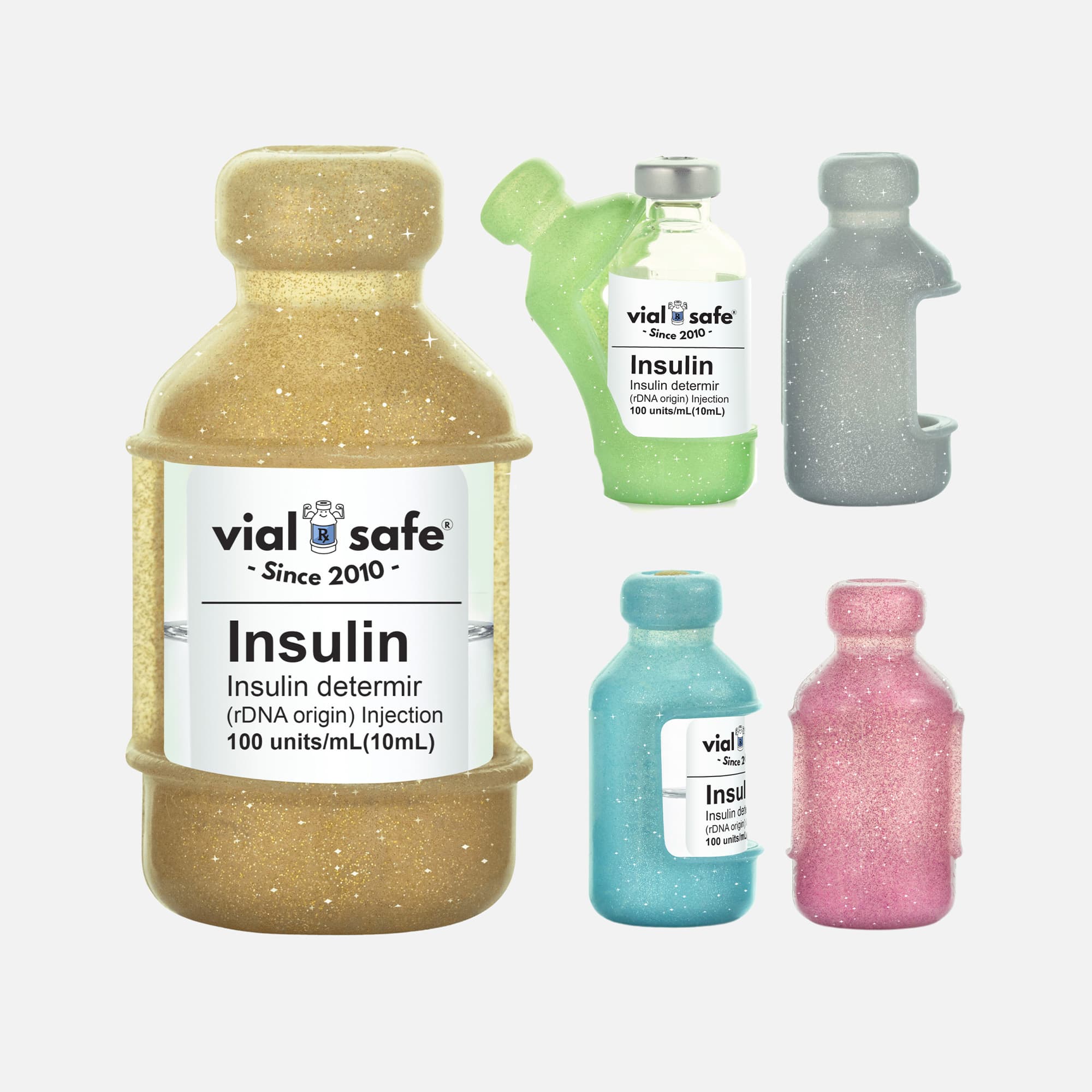 Vial Safe Insulin Vial Protector, Size Short, Glitter Multi-Color, 5-Pack, , large
