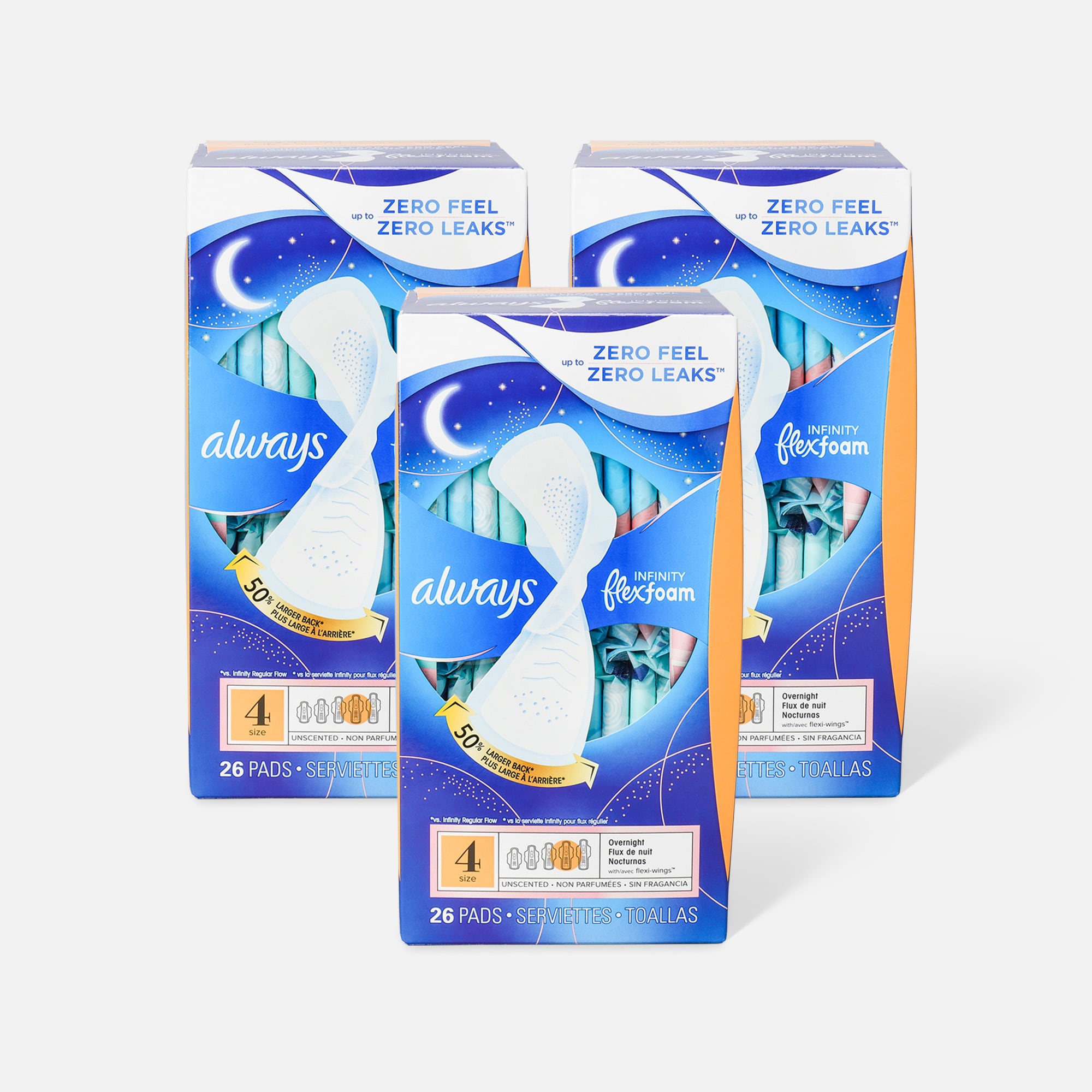 Always Infinity FlexFoam Pads for Women Size 4 Overnight Absorbency, with Wings Unscented, 26 ct. (3-Pack), , large