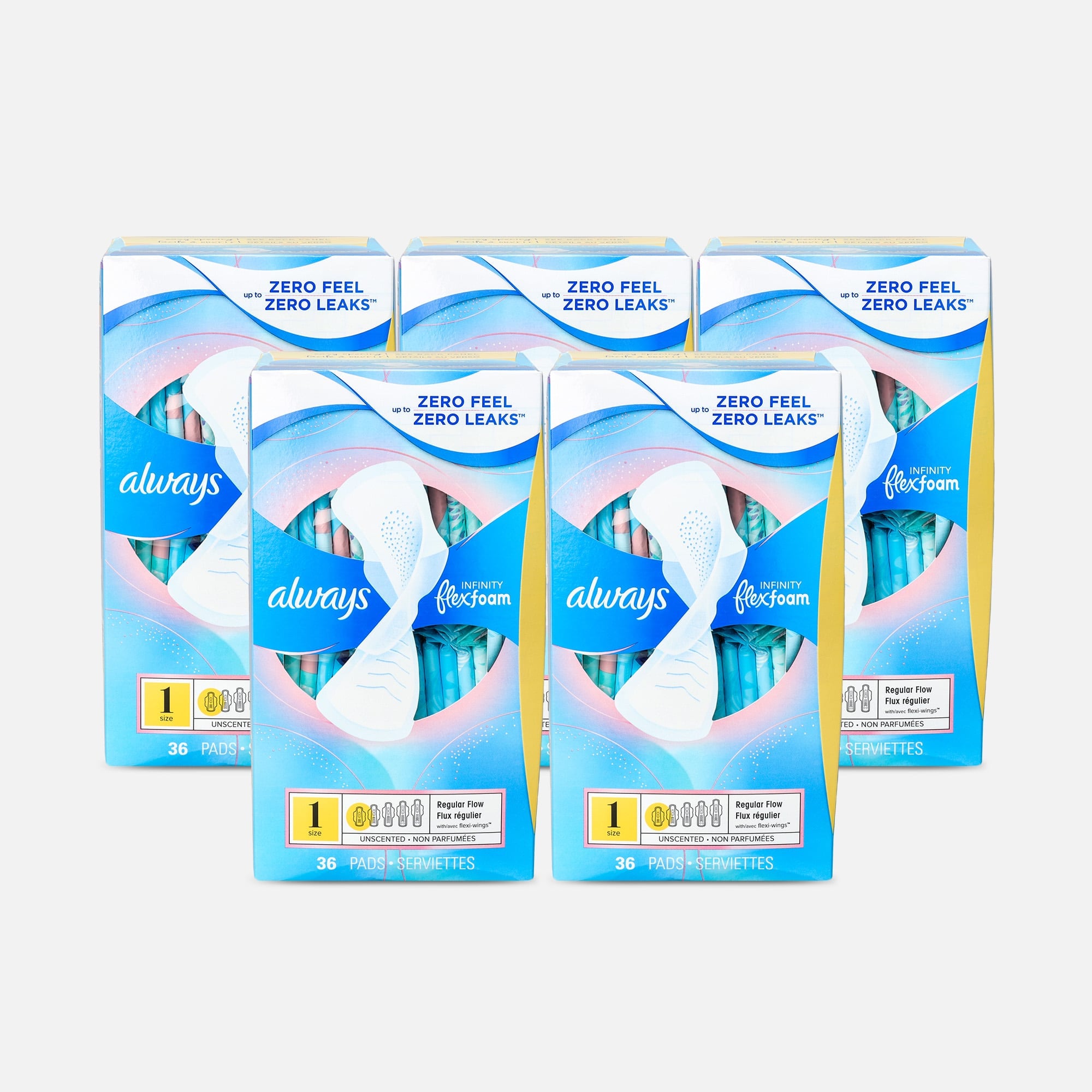 Always Infinity FlexFoam Pads for Women Size 1 Regular Absorbency, with Wings Unscented, 36 ct. (5-Pack), , large
