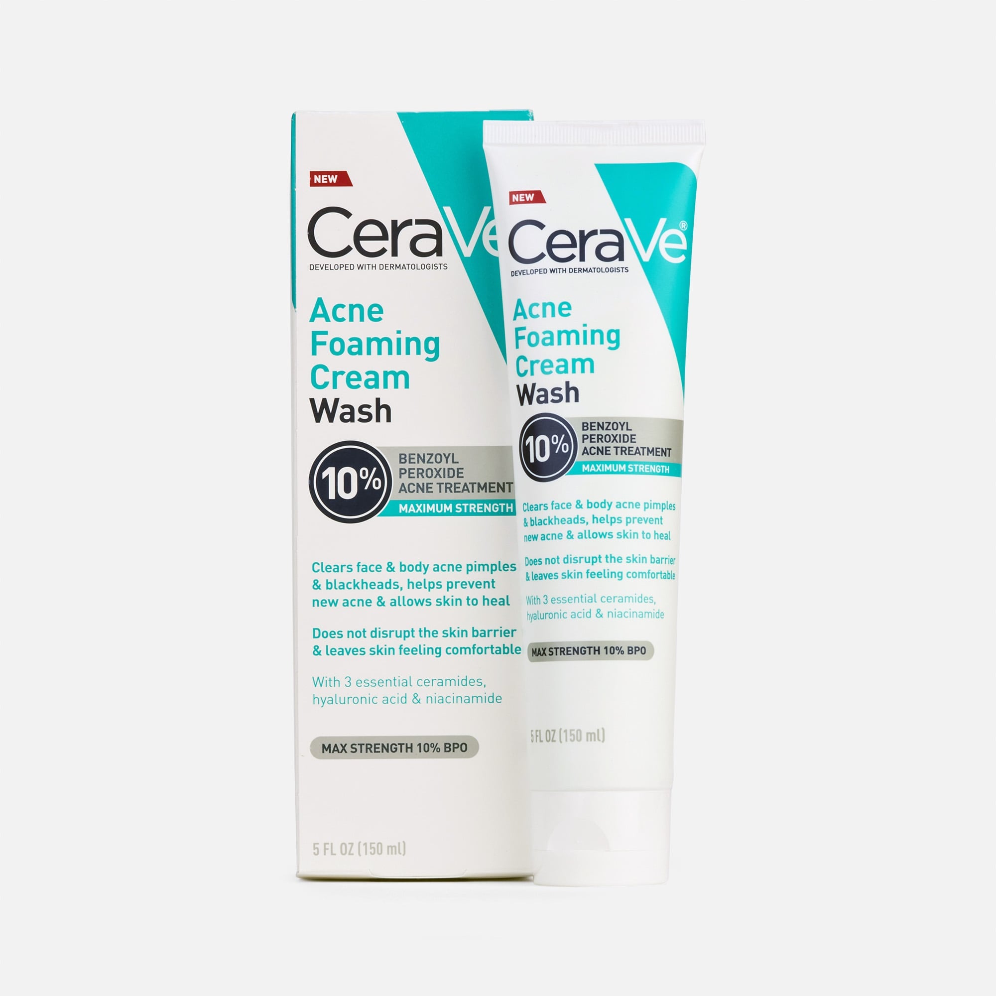 CeraVe Acne Foaming Cream Face & Body Wash with Benzoyl Peroxide 10% Maximum Strength, 5 fl oz., , large