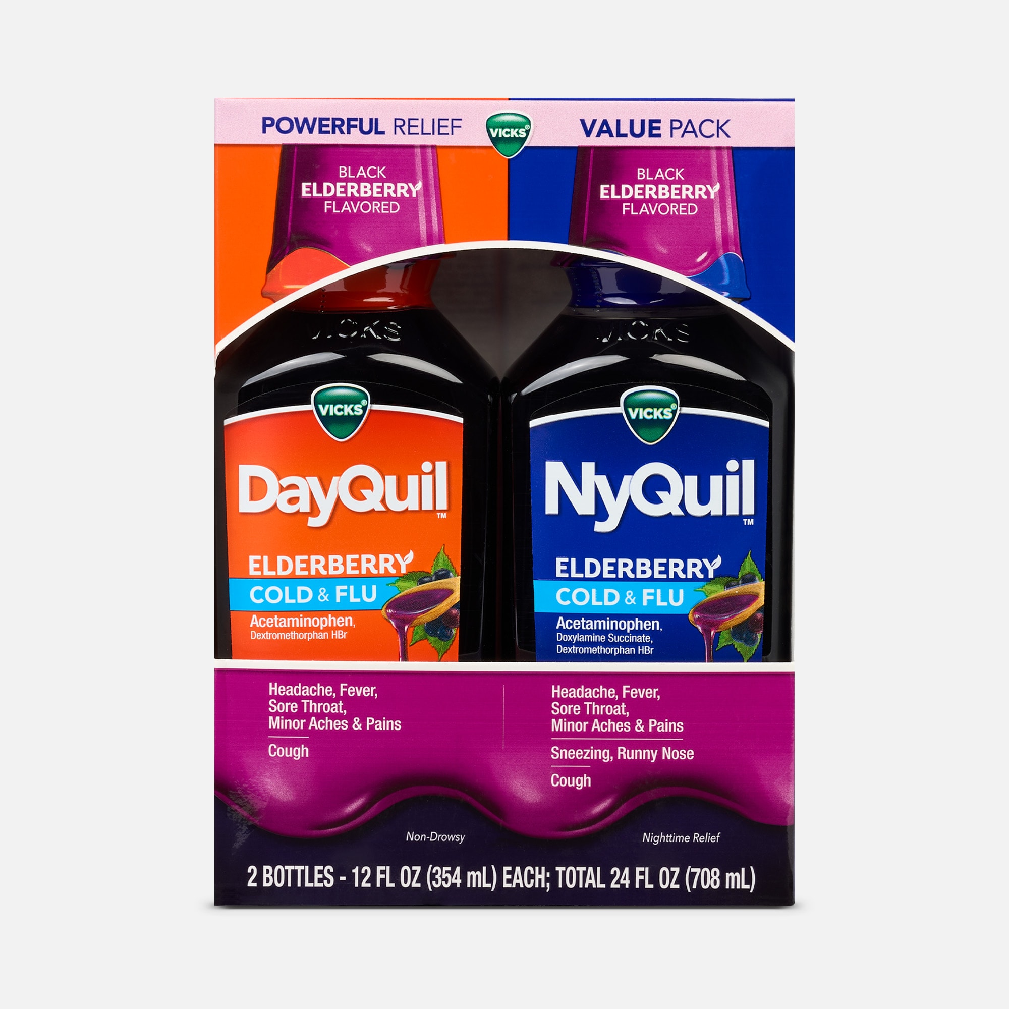 Vicks® DayQuil™ & NyQuil™ Cold & Flu Combo-Pack, Elderberry, 12 fl oz., , large