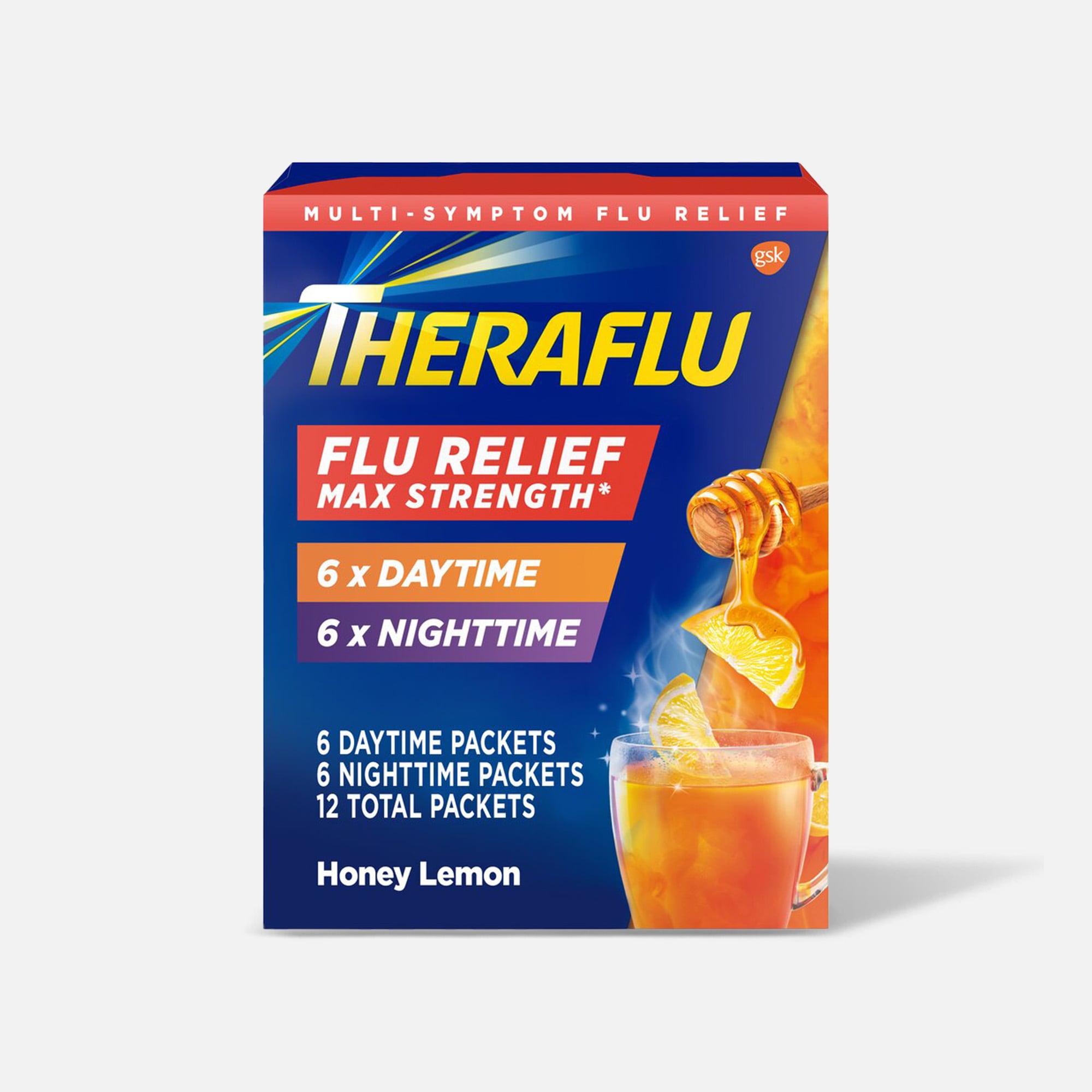 Theraflu Multi-Symptom Flu Relief Max Strength Day & Night Powder, Honey Lemon, 12 ct., , large