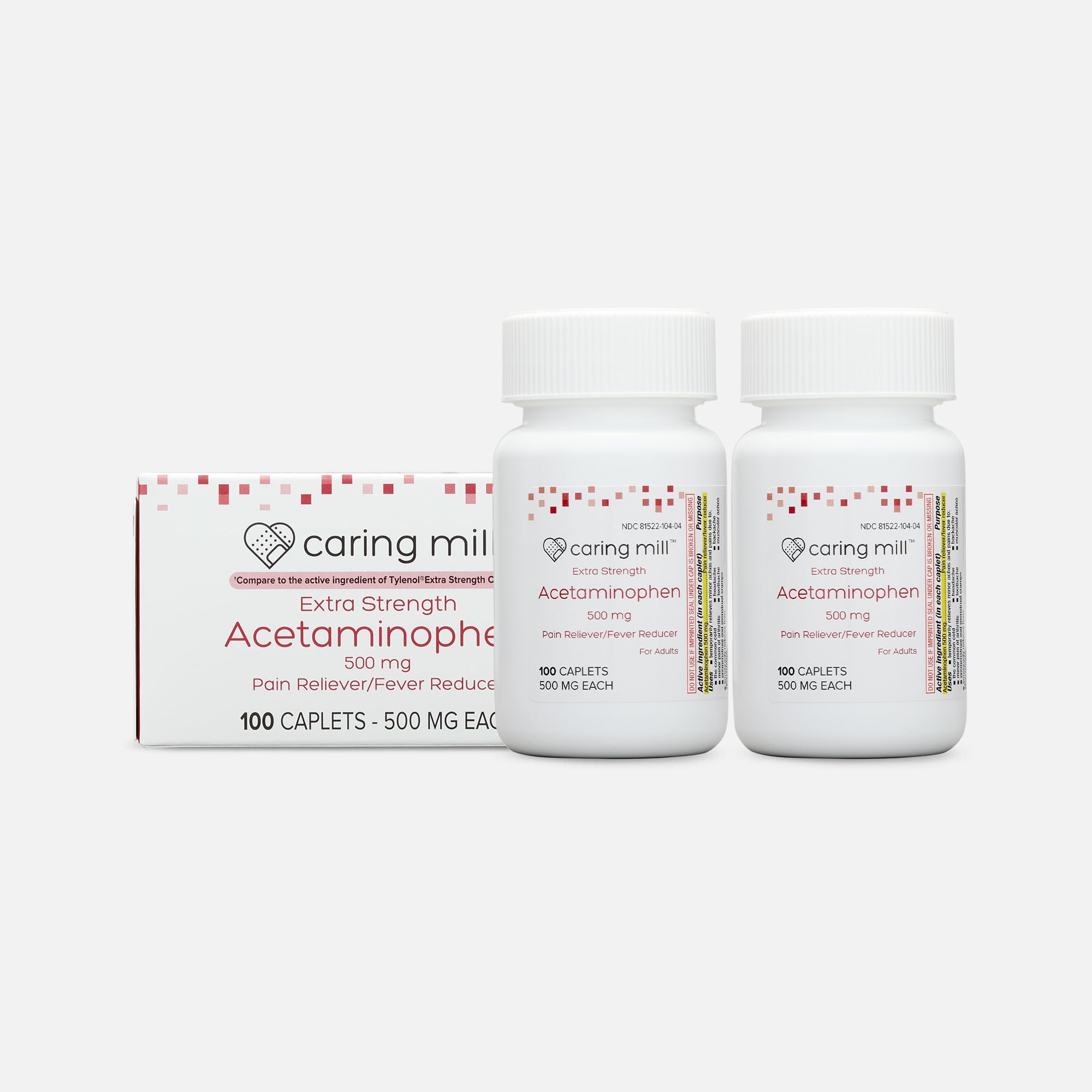 Caring Mill™ Acetaminophen Adult Pain Reliever/Fever Reducer Extra Strength Caplets, 100 ct. (2-Pack), , large