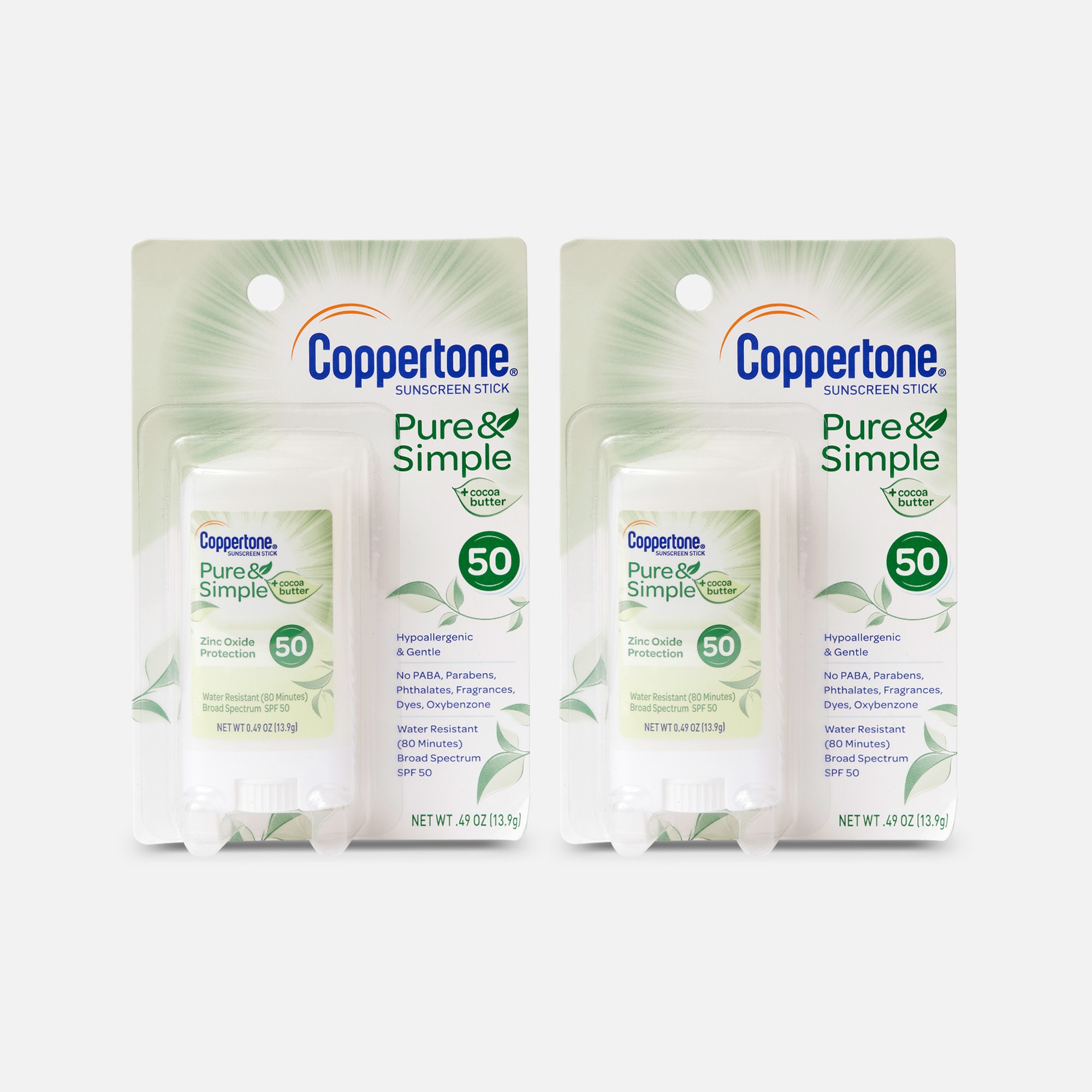 Coppertone Pure & Simple Sunscreen Stick, SPF 50, 0.49 oz. (2-Pack), , large
