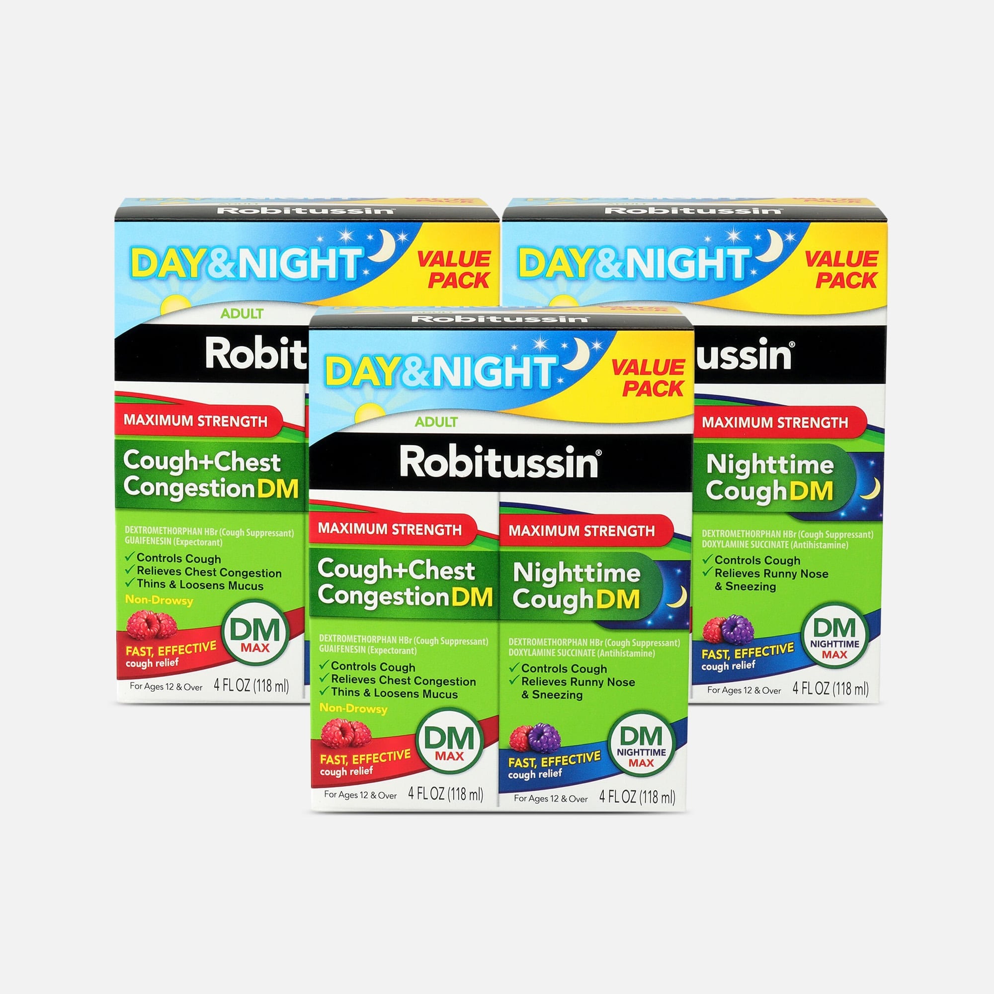 Robitussin Maximum Strength Day & Night Cough + Chest Congestion DM Value Pack, 4 oz. (3-Pack), , large