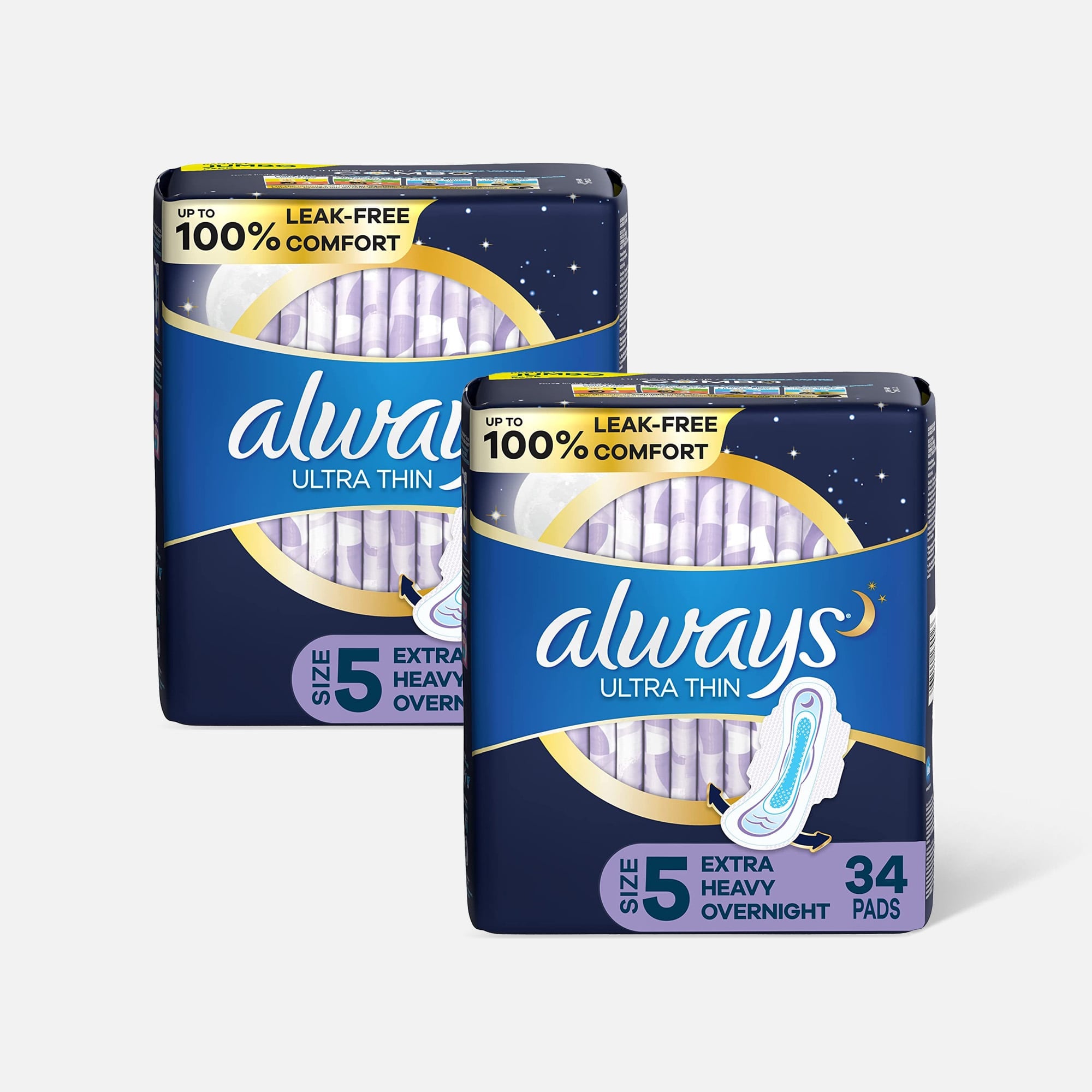 Always Ultra Thin Pads Extra Heavy Overnight Absorbency Unscented with Wings, Size 5, 34 ct. (2-Pack), , large