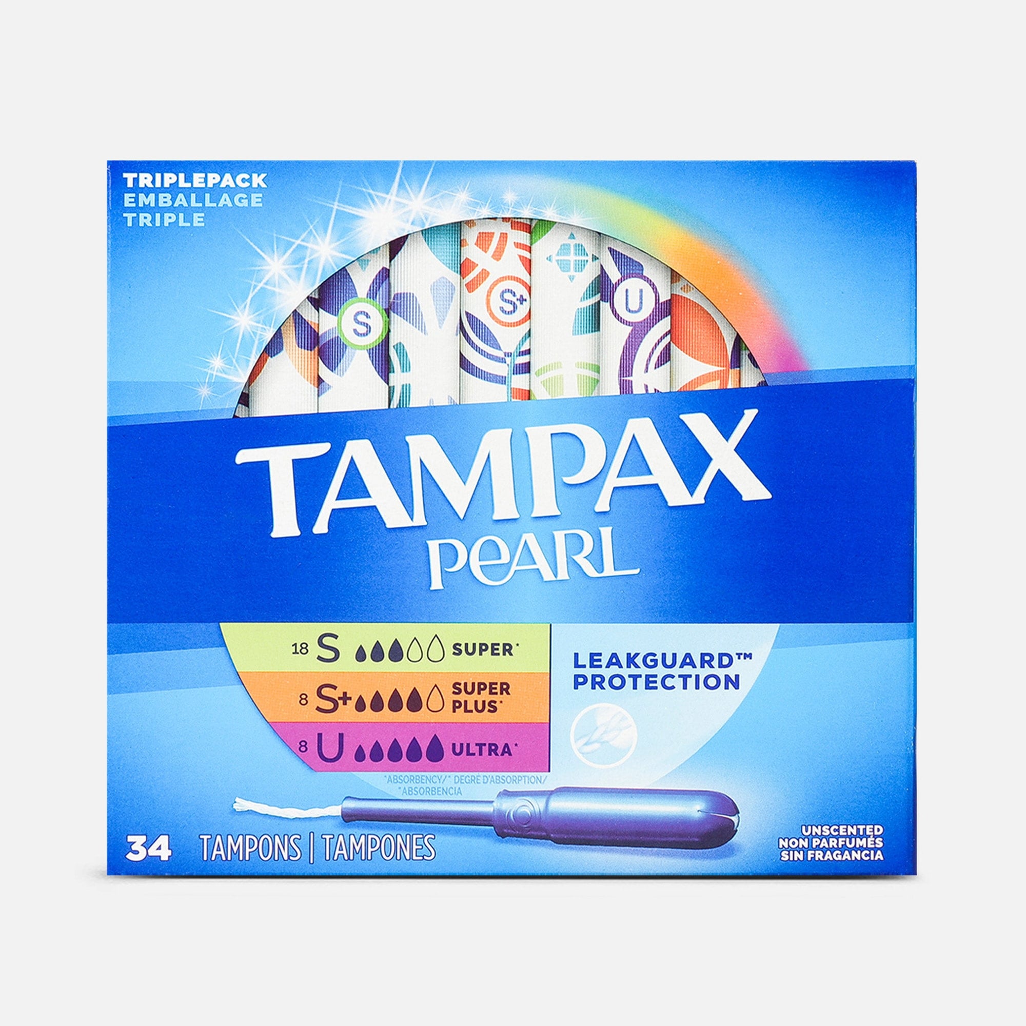 Tampax Pearl Tampons Trio Pack with BPA-Free Plastic Applicator and LeakGuard Braid, Unscented, 34 ct., , large