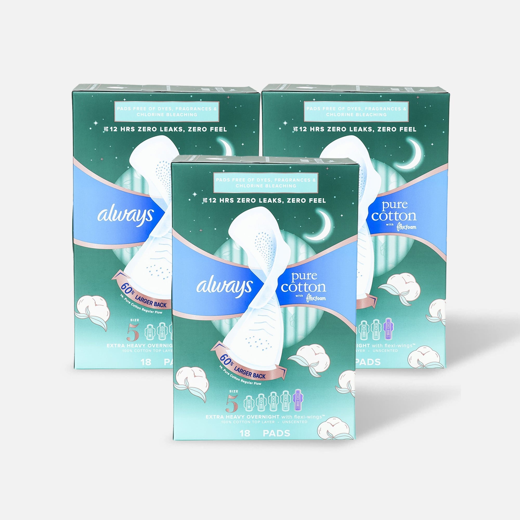 Always Pure Cotton with FlexFoam Pads for Women Size 5 Extra Heavy Overnight Absorbency, with Wings, 18 ct. (3-Pack), , large