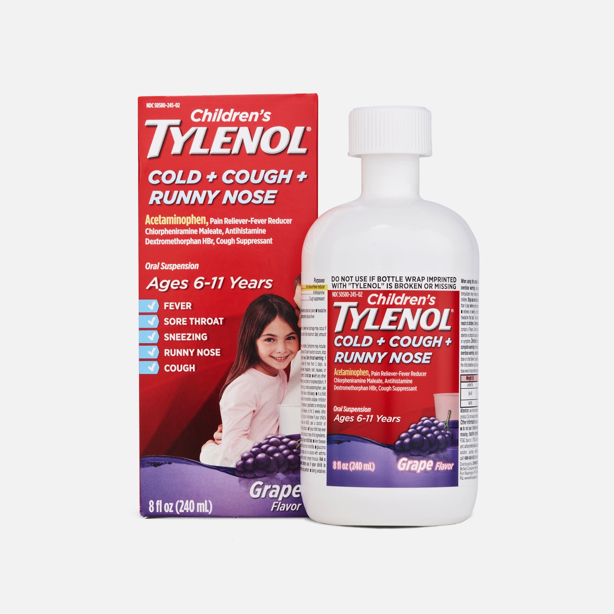Children's Tylenol Cold + Cough + Runny Nose Relief Liquid, Grape, 8 fl oz., , large