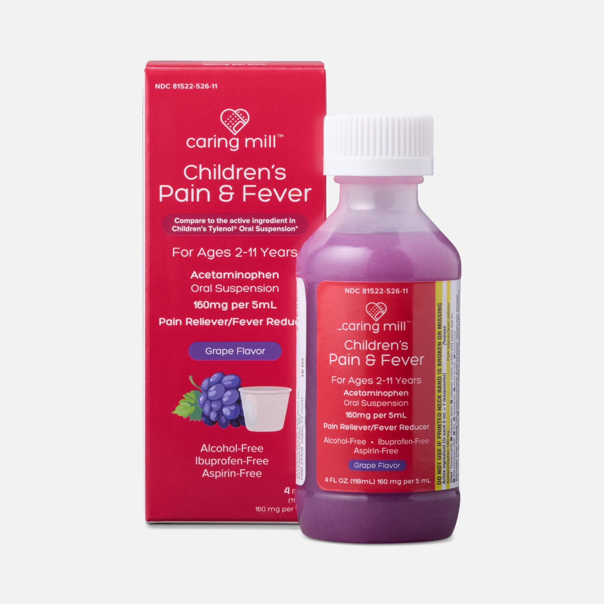 Caring Mill™ Children's Acetaminophen Fever Reducer & Pain Reliever Liquid, Ages 2-11, Grape, 4 fl oz., , large