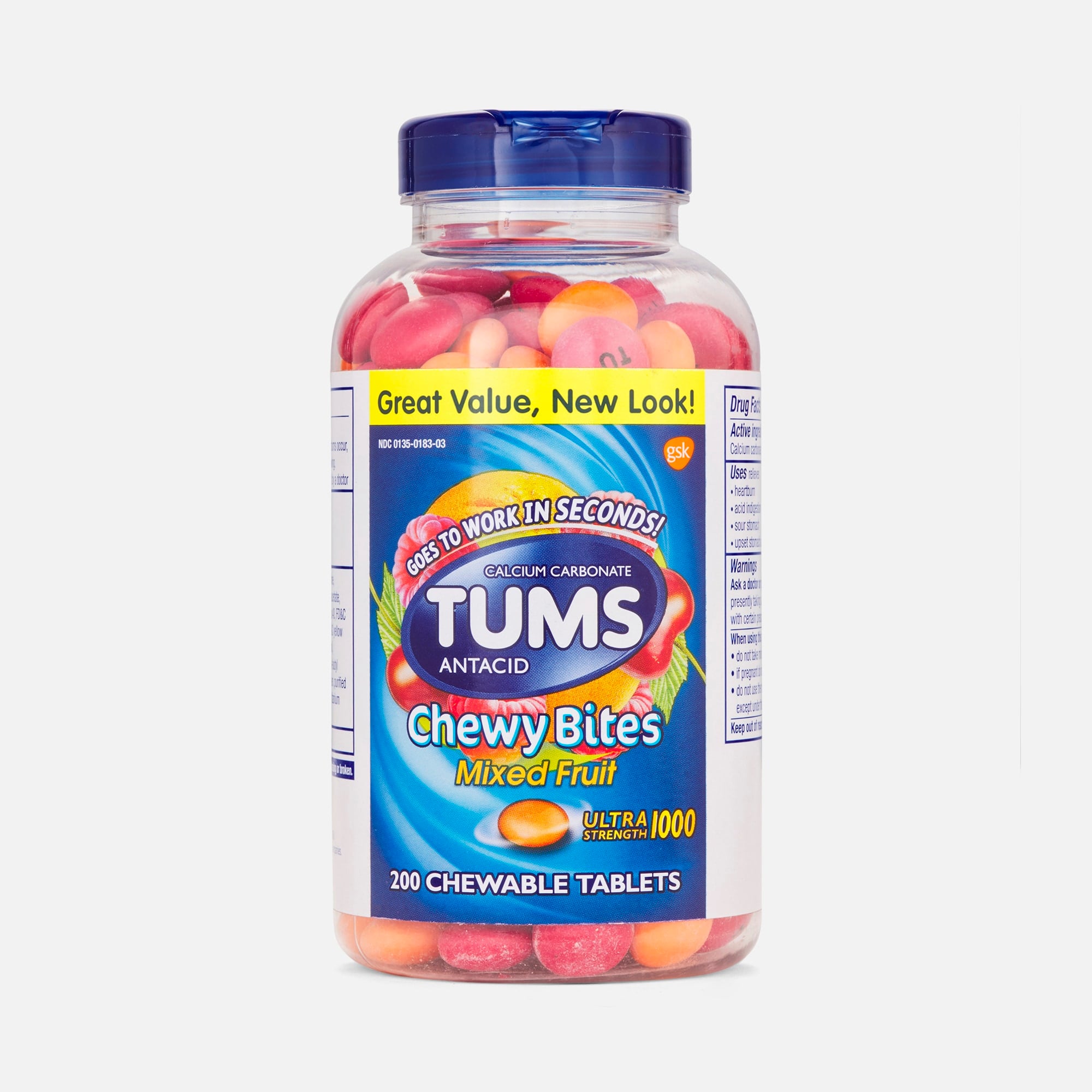 TUMS Chewy Bites Ultra Strength Antacid Chewable Tablets, Mixed Fruit, 200 ct., , large