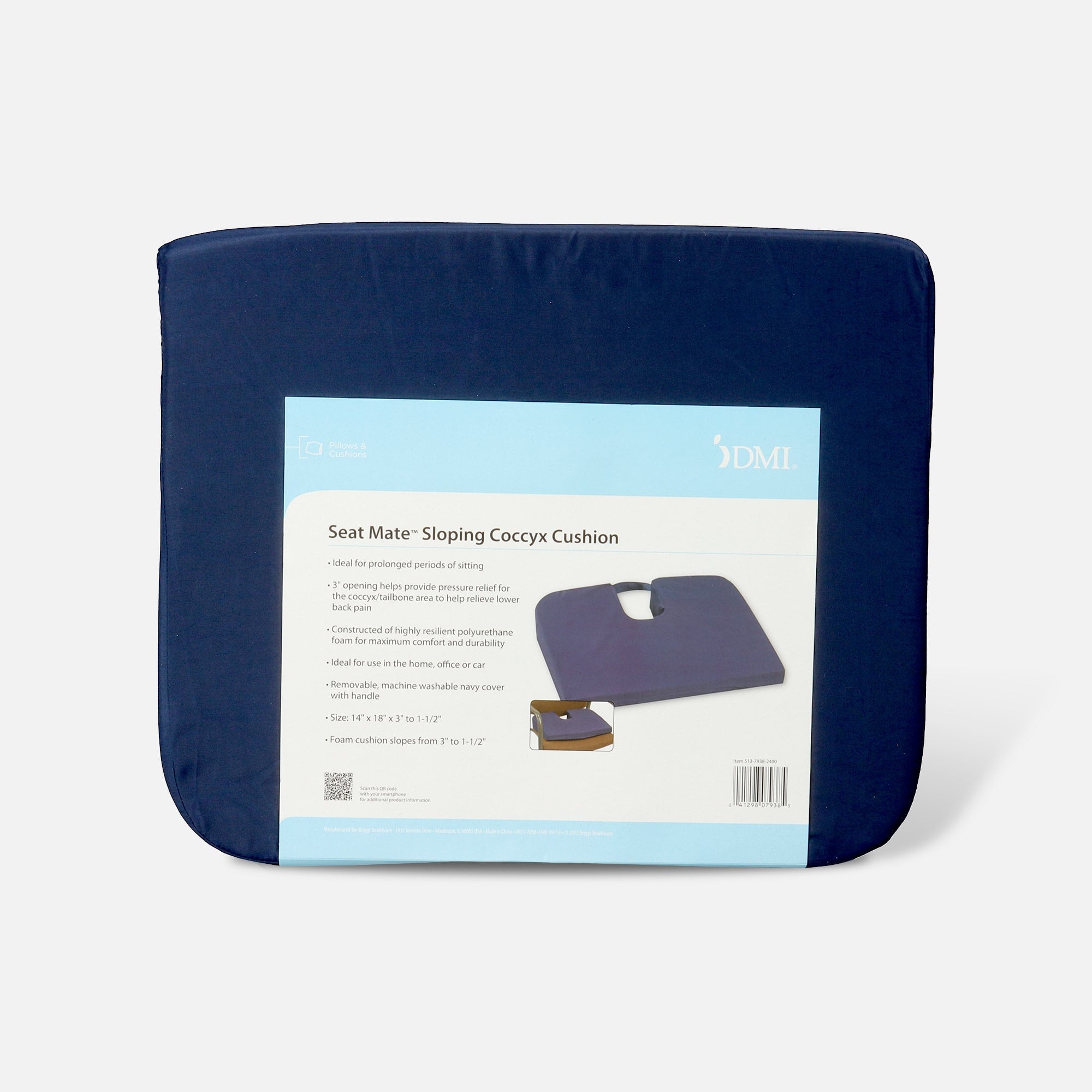 Foam Seat Cushion for Coccyx Support, 18 x 14 x 1.5 to 3", Navy, , large