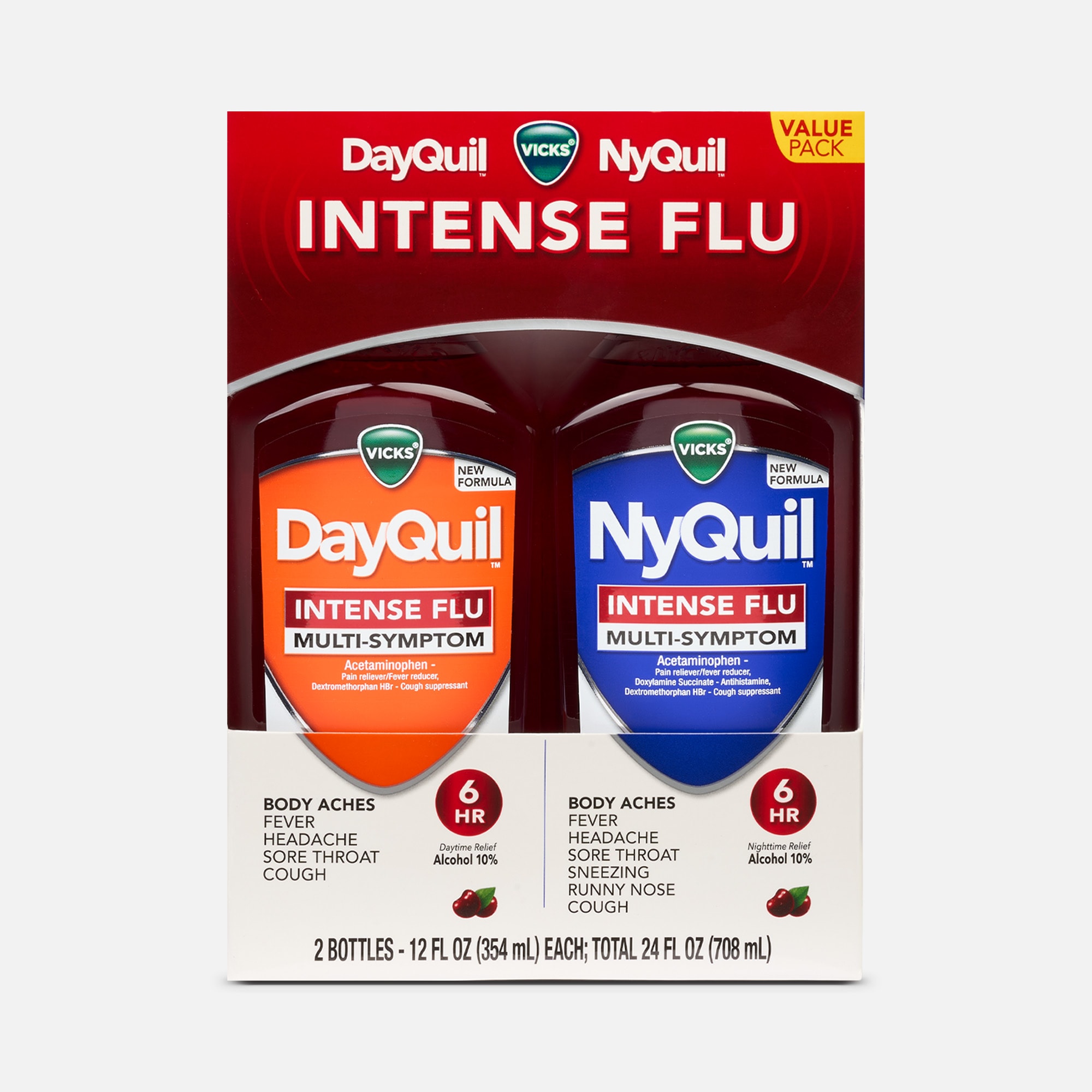Vicks® DayQuil™ and NyQuil™ Intense Flu Multi-symptom Liquid Combo-Pack, Cherry, 12 fl oz., , large