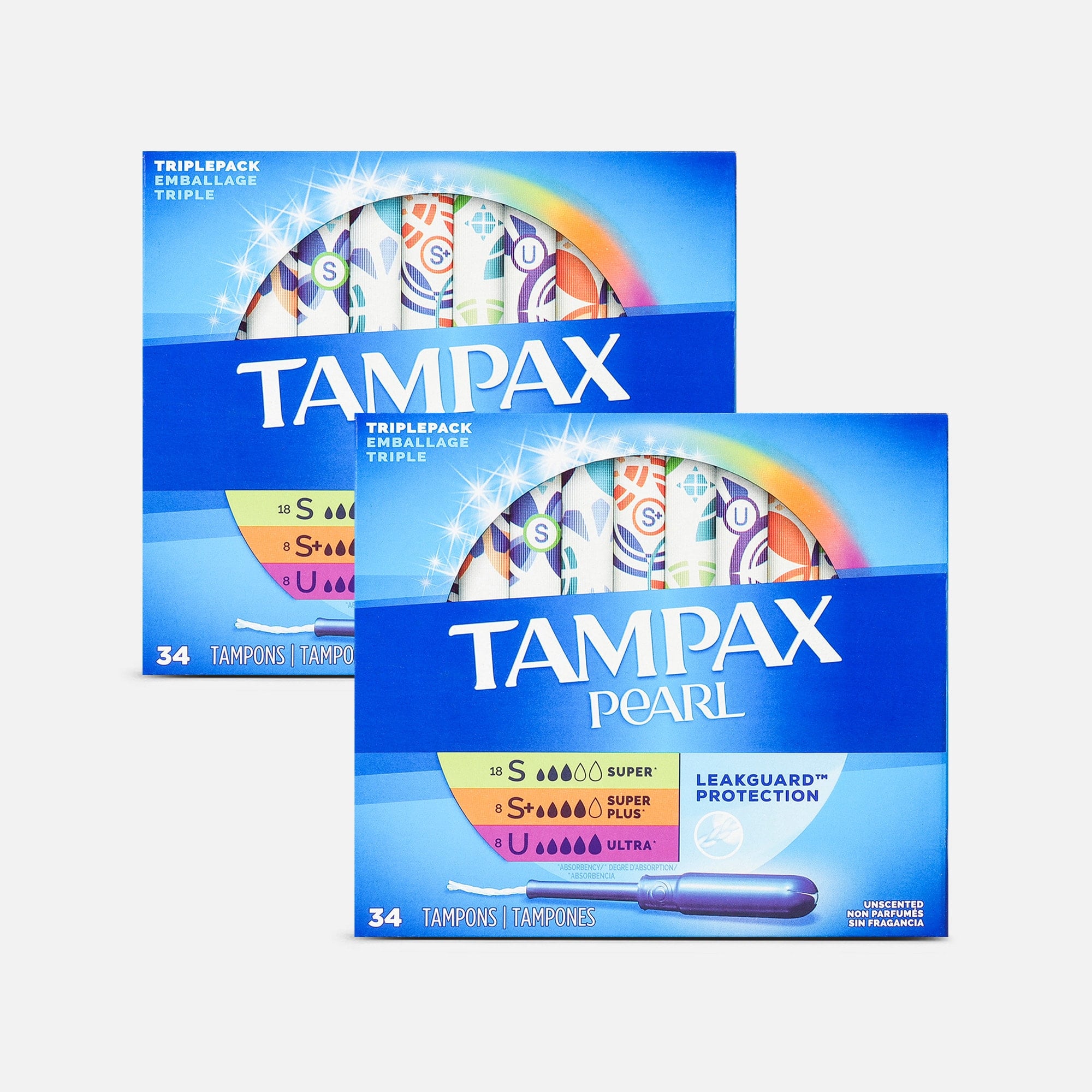 Tampax Pearl Tampons Trio Pack, Super/Super Plus/Ultra Absorbency with BPA-Free Plastic Applicator and LeakGuard Braid, Unscented, 34 ct. (2-Pack), , large