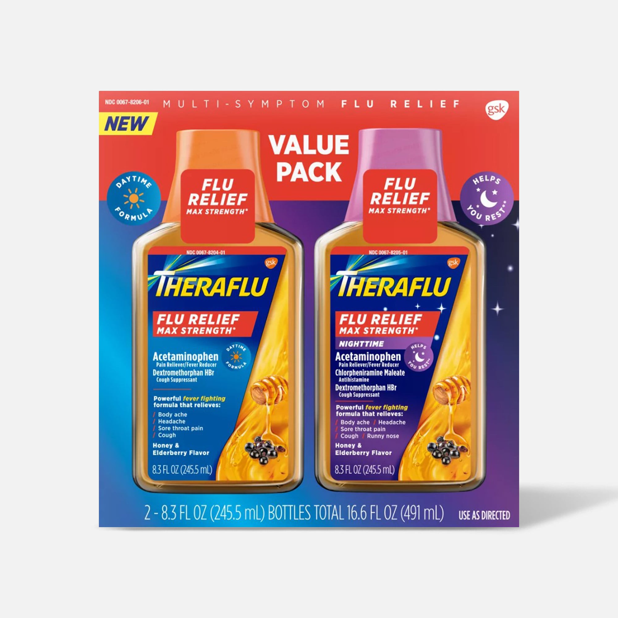 Theraflu Multi-Symptom Flu Relief Max Strength Day & Night Liquid, Honey Elderberry, 16.6 fl oz., , large