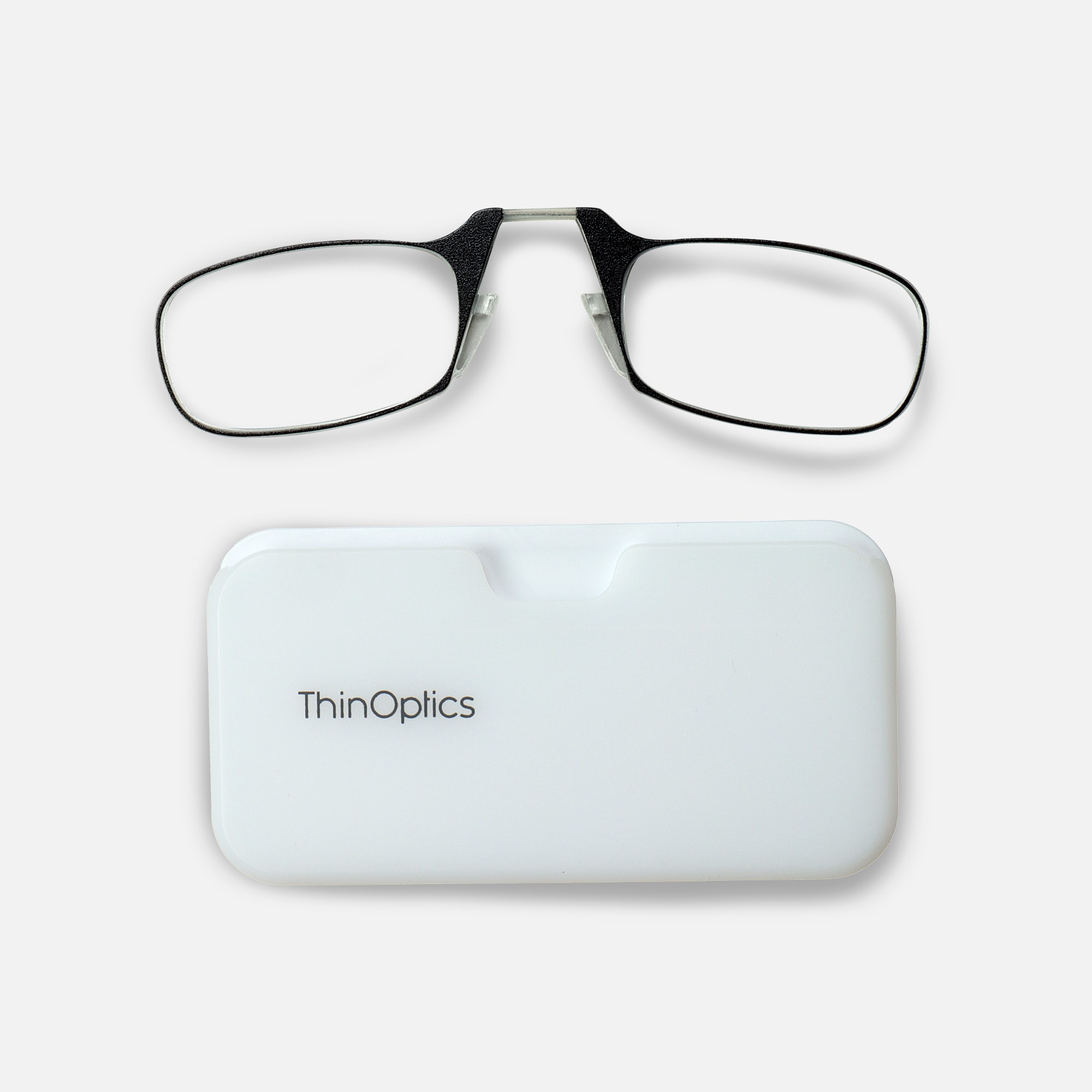 ThinOPTICS Reading Glasses on your Phone, Black Glasses, White Universal Pod Case, , large