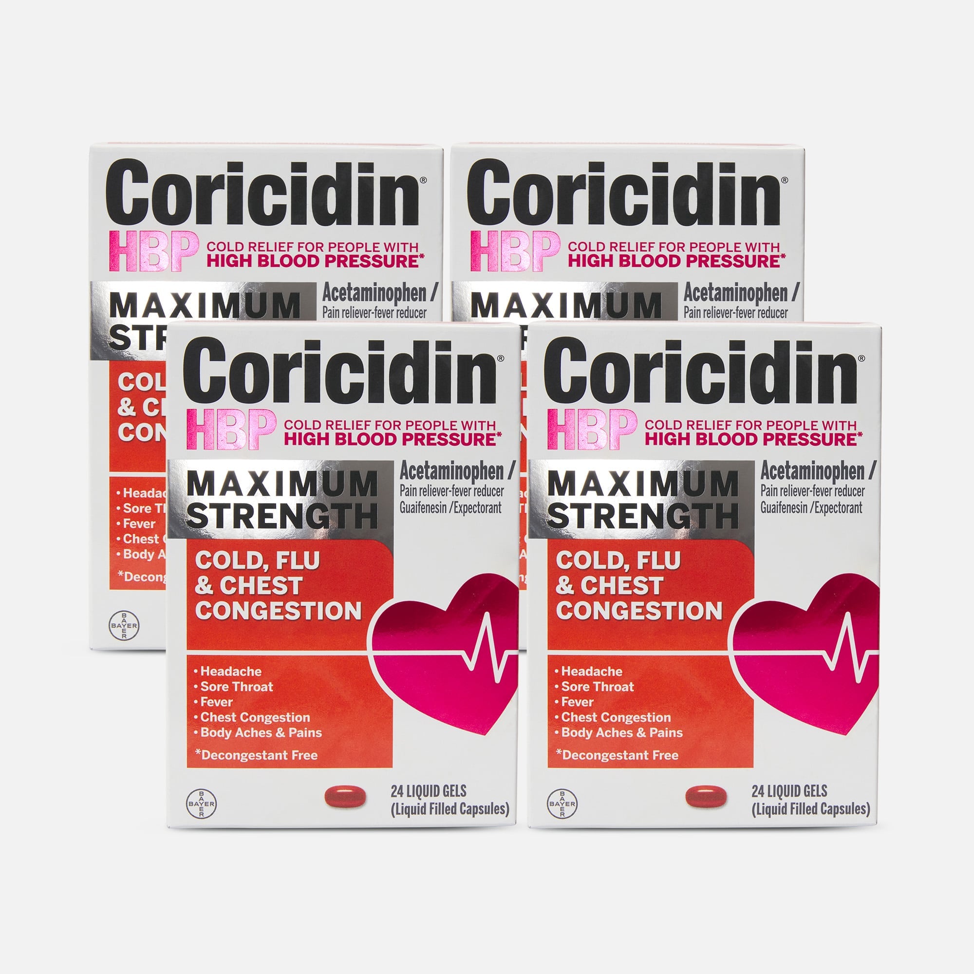 Coricidin HBP Maximum Strength Cold, Cough & Flu Medicine, Liquid Gels (4-Pack), , large
