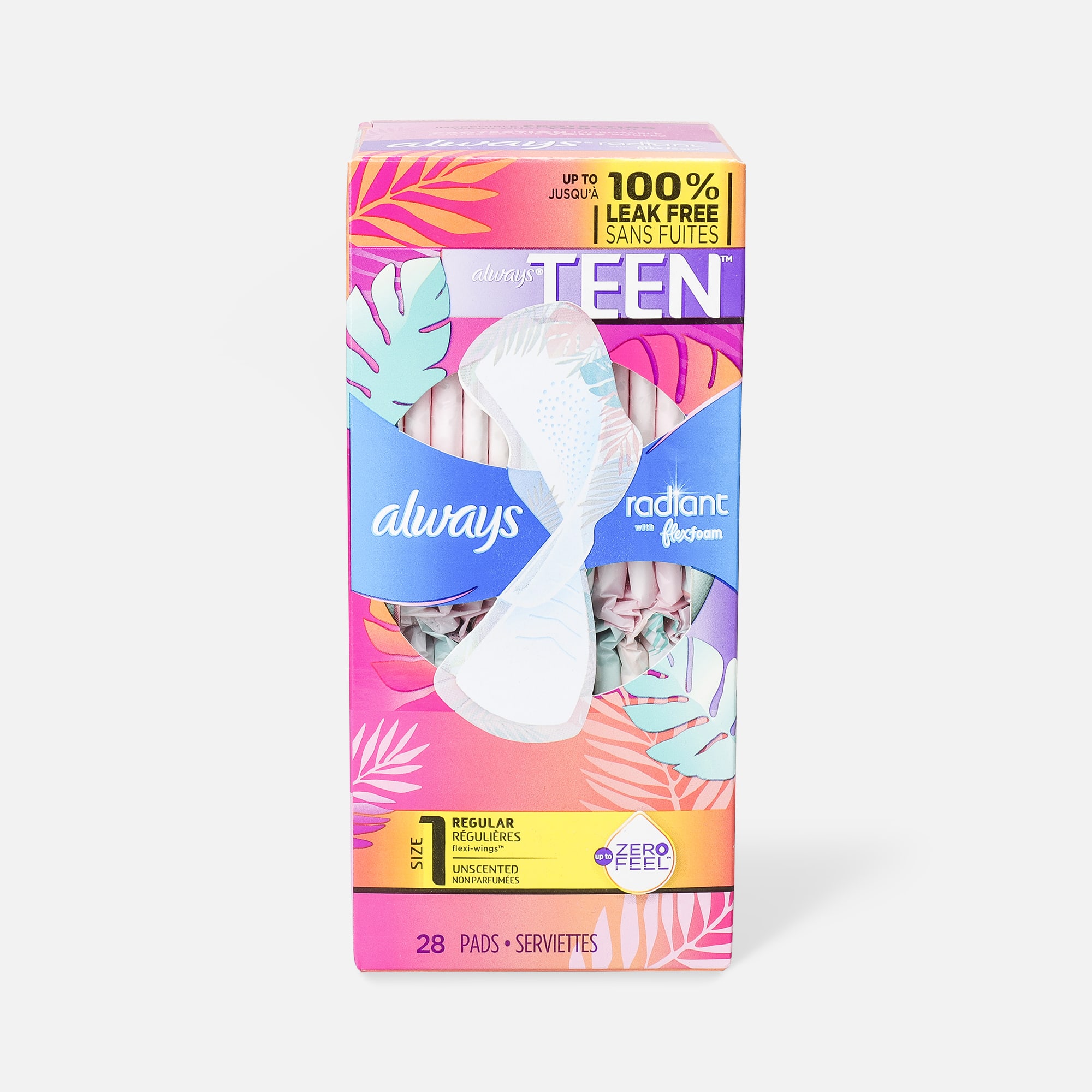 Always Radiant FlexFoam Teen Pads Regular Absorbency, with Wings, Unscented, 28 ct., , large