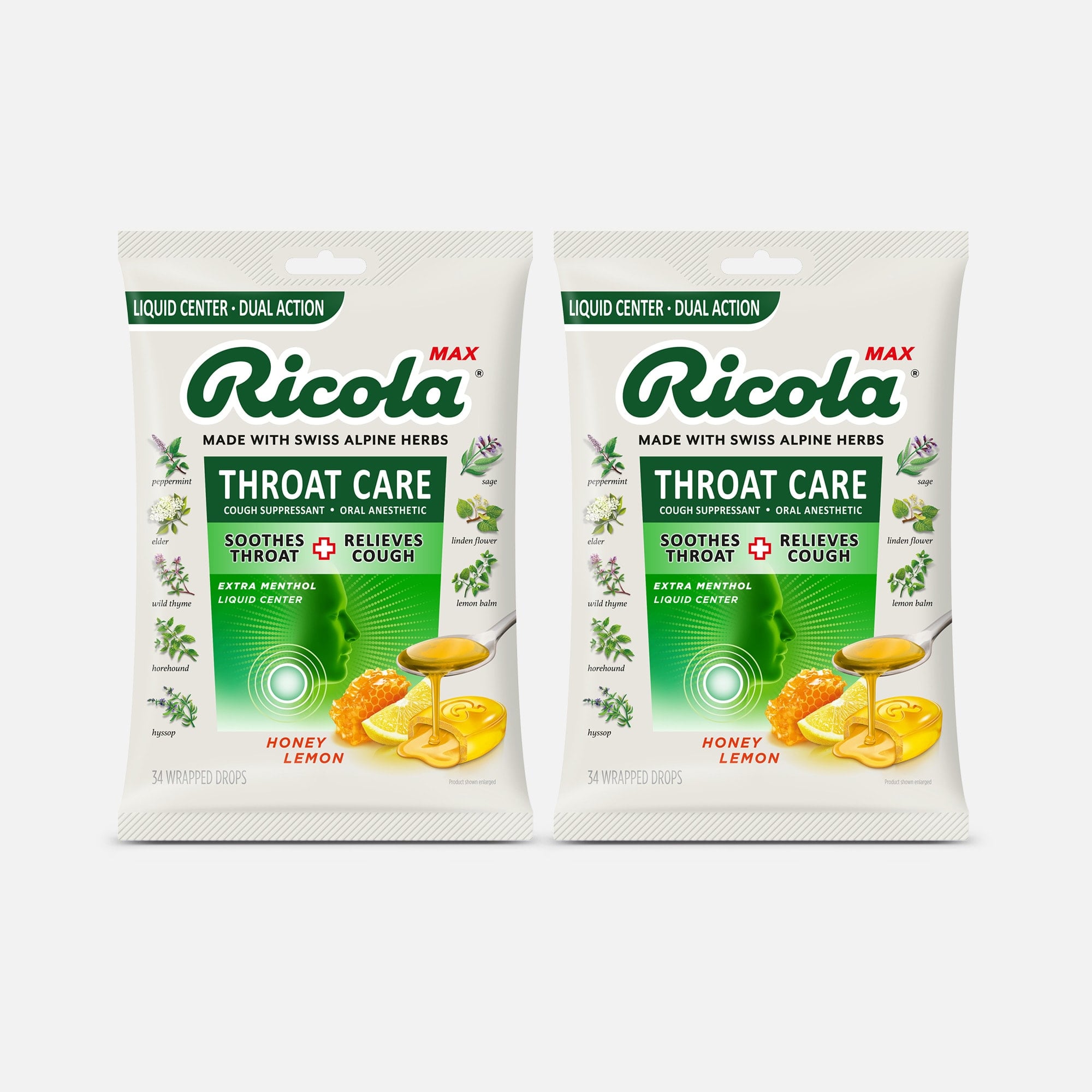 Ricola Max Throat Care Dual Action Cough Drops, Honey Lemon, 34 ct. (2-Pack), , large