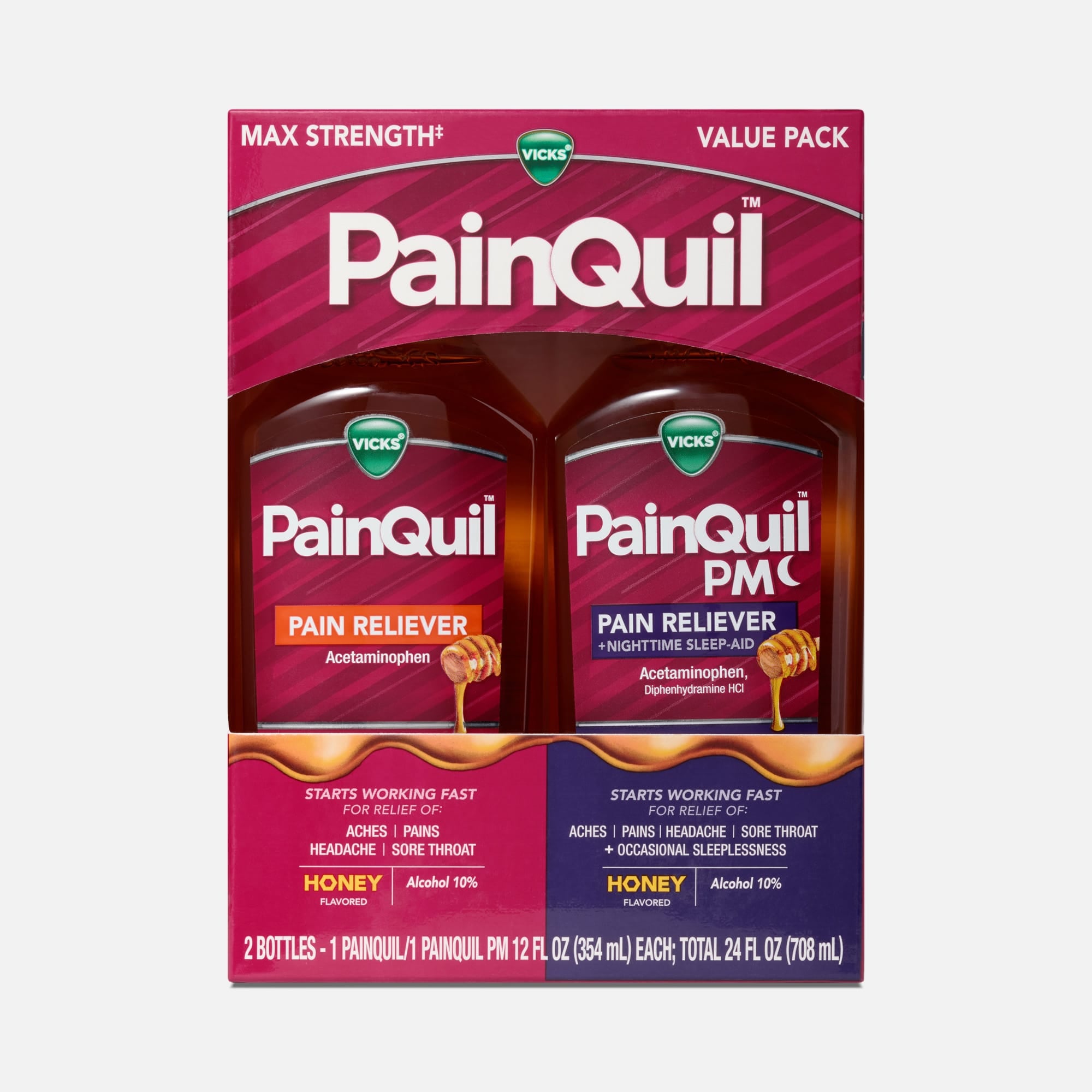 Vicks® PainQuil™ Acetaminophen Pain Relief Liquid Day & Night Combo Pack, Honey Flavored. 12 fl. oz.