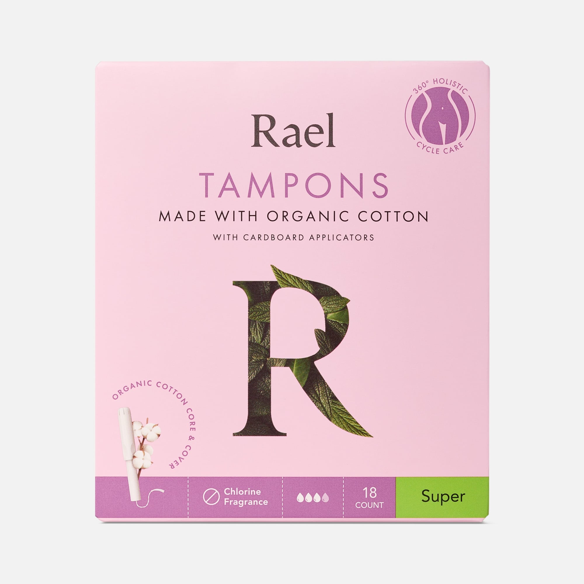 Rael Organic Cotton Core Tampons with Plant Based Compact Applicators - Super, 18 ct.