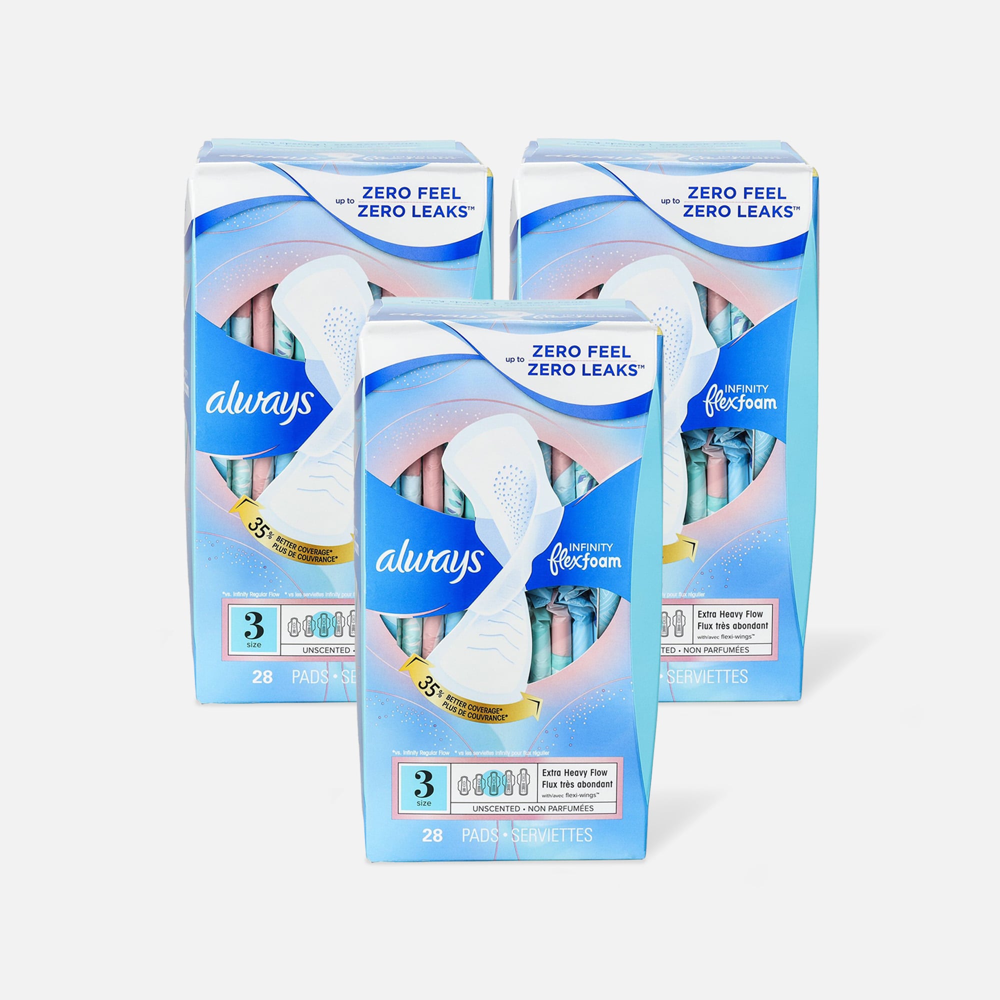 Always Infinity FlexFoam Pads for Women Size 3 Extra Heavy Flow Absorbency, with Wings Unscented, 28 ct. (3-Pack), , large