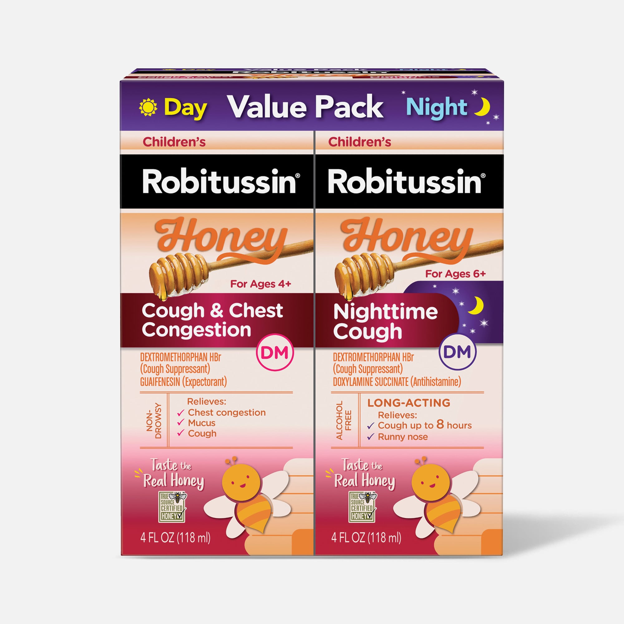 Children's Robitussin Cough & Chest Congestion DM and Nighttime Cough DM, Variety Pack, Honey Flavor, 2X4 fl oz. Bottles, , large