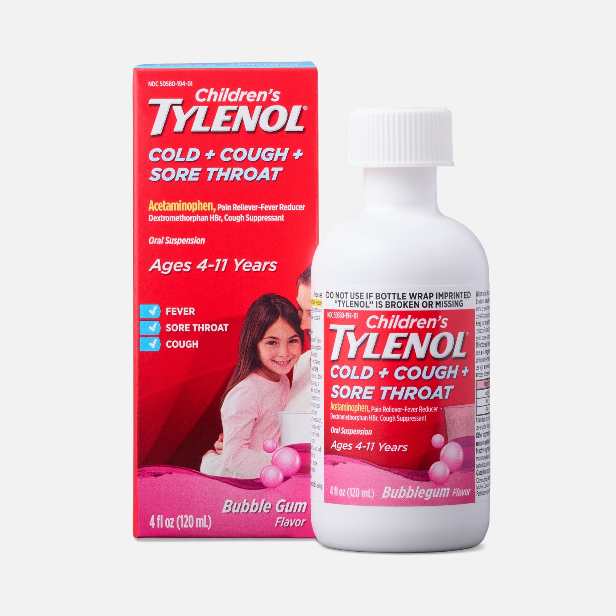 Children's Tylenol Cold + Cough + Sore Throat, Bubblegum Flavor, 4 fl oz., , large